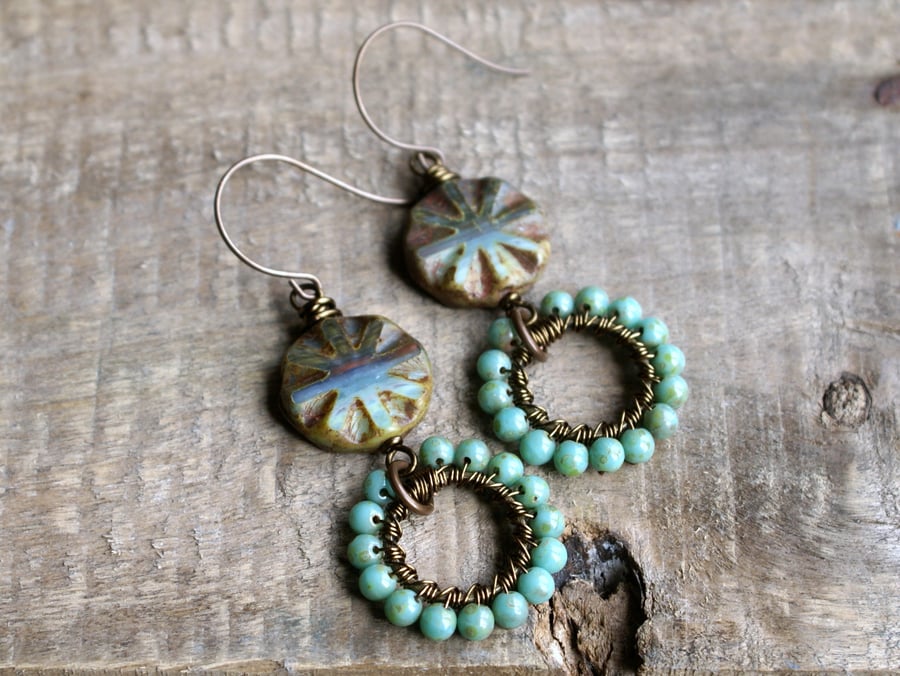 Earthy Wire Wrapped Czech Glass Earrings