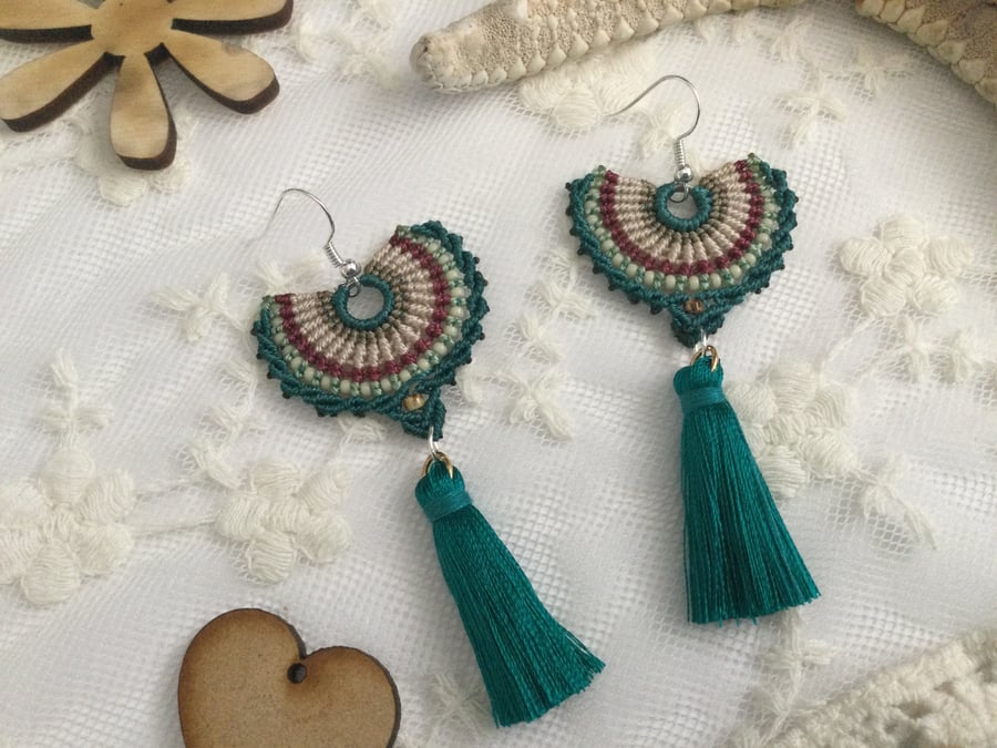 Spanish Tassel macrame beaded fan earrings, boho earrings, seed bead earrings,  