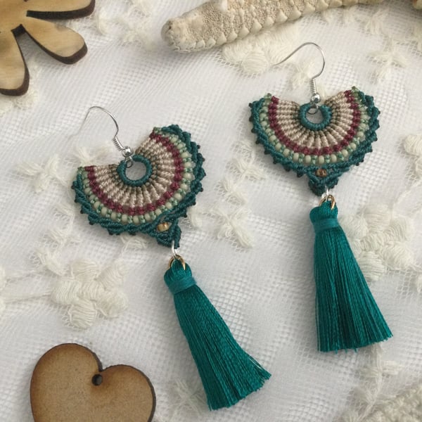 Spanish Tassel macrame beaded fan earrings, boho earrings, seed bead earrings,  