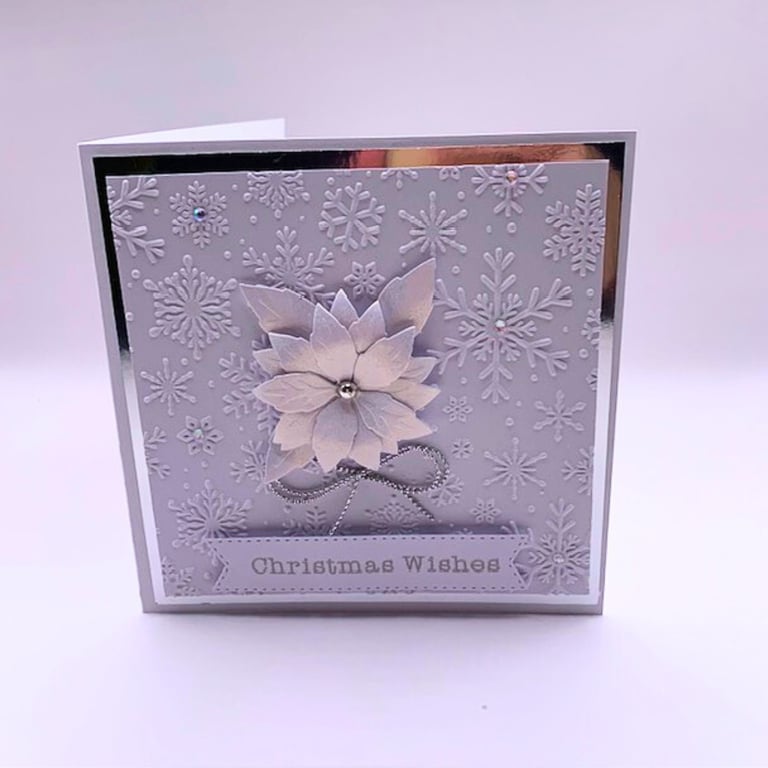 Elegant Handmade Christmas Card - White & Silver Poinsettia 