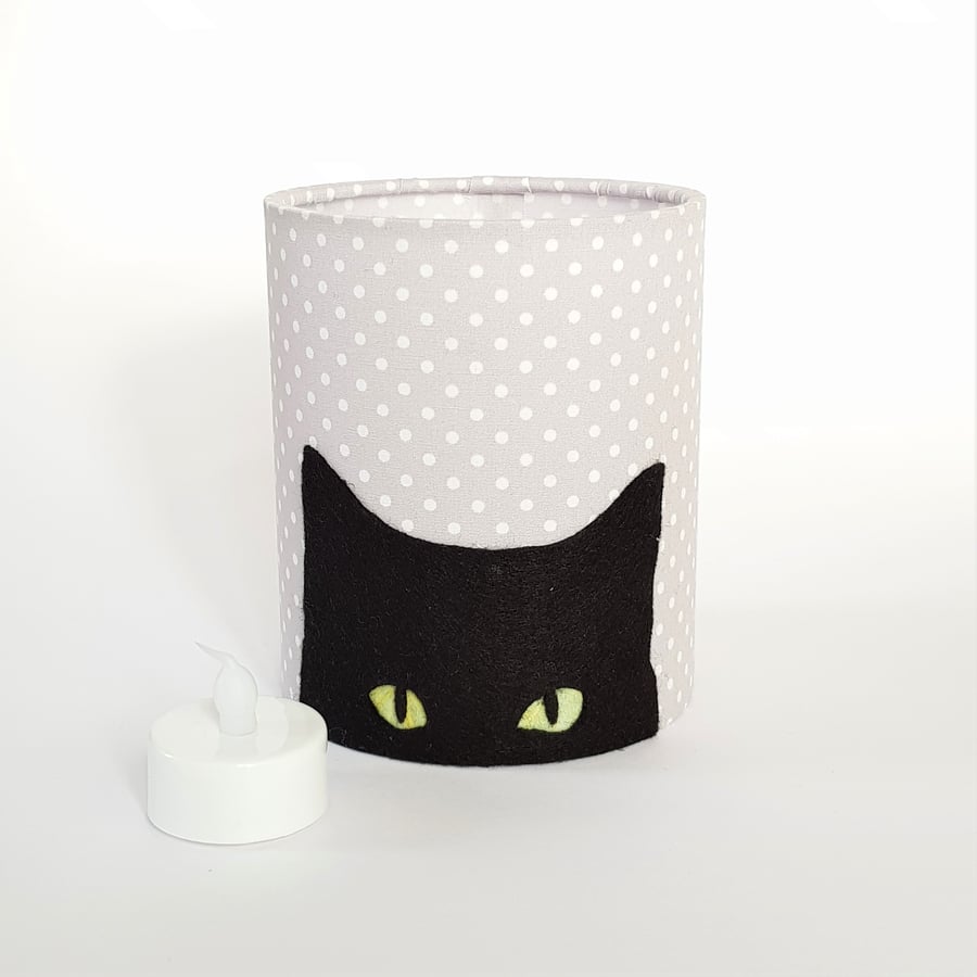 Black Cat Silhouette Lantern with LED candle and grey & white dot fabric