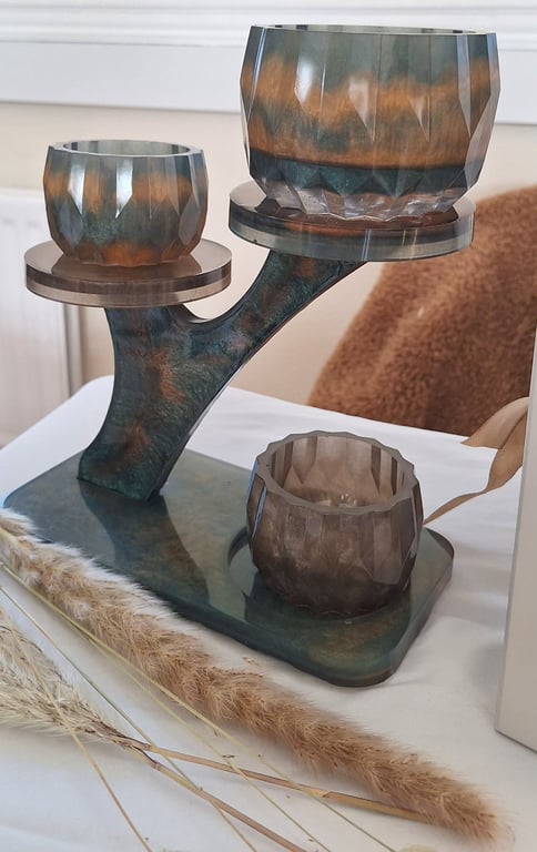 Handcrafted Resin Tiered Plant Stand with 3 Geometric Pots 