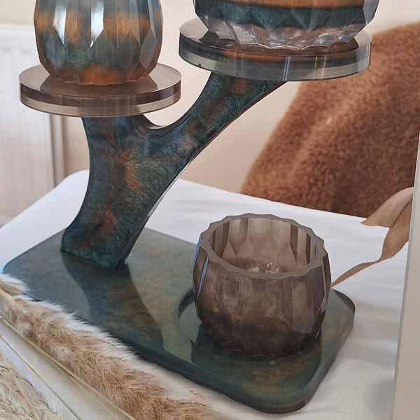 Handcrafted Resin Tiered Plant Stand with 3 Geometric Pots 