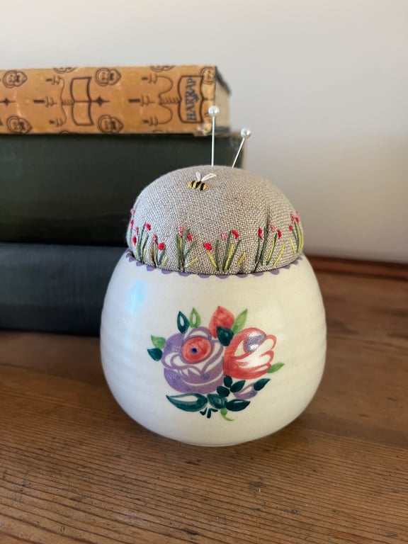 Poole Pottery bowl pincushion with embroidered linen