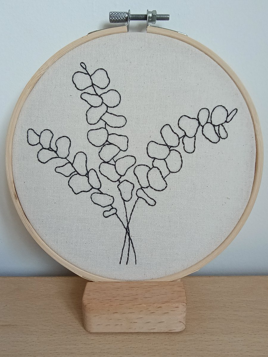 Beginners eucalyptus leaf themed embroidery stitching hoop, sewing craft kit