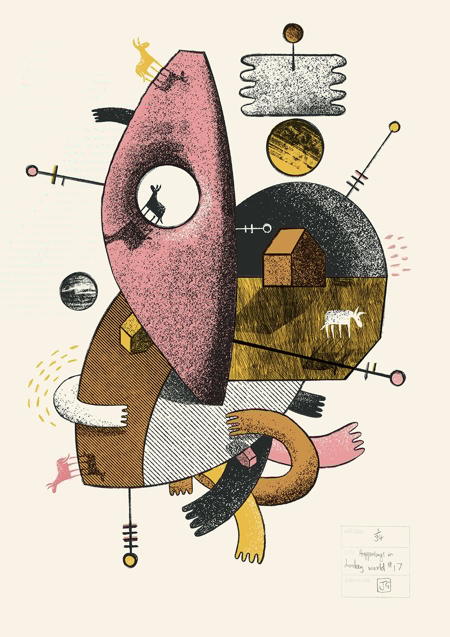 Happenings in Donkey World No.17 three-colour A3 screen-print