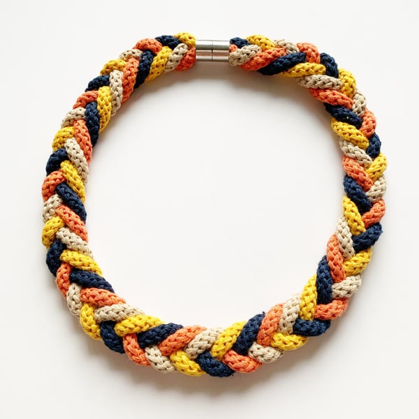 Knotted Cotton Statement necklace in yellow and orange, sustainable jewellery