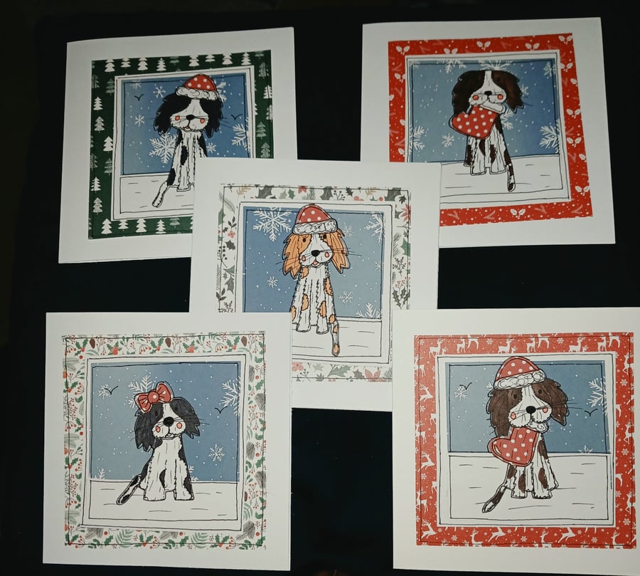 Quirky art, set of 5 hand illustrated cute spaniel set of five christmas cards