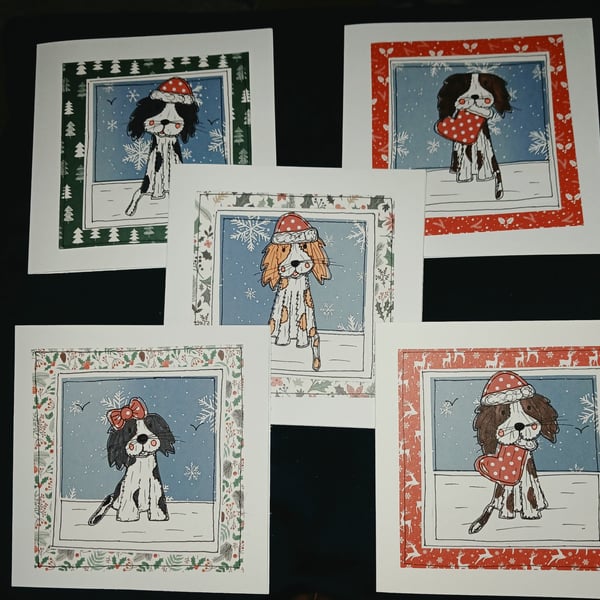 Quirky art, set of 5 hand illustrated cute spaniel set of five christmas cards