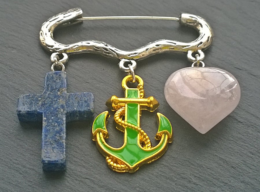 Faith, Hope and Charity Brooch Bag Dangle. Lapis Lazuli, Rose Quartz
