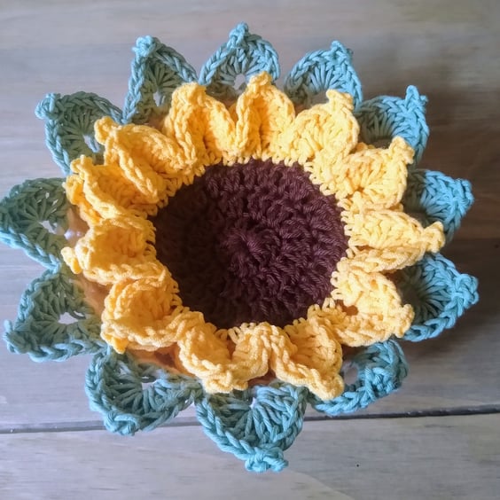 Set of 4 Crochet Sunflower Coasters and Basket 