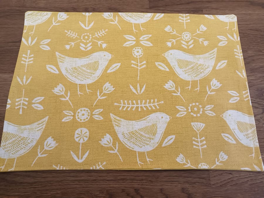 Set Of Two Yellow Ochre Placemats. Bird And Floral Scandi Style. Table Mats.