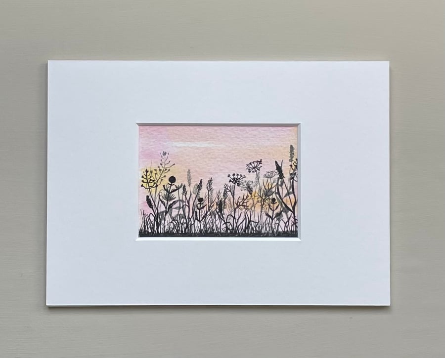 ACEO watercolour & ink pen silhouette grasses and flowers original art pink