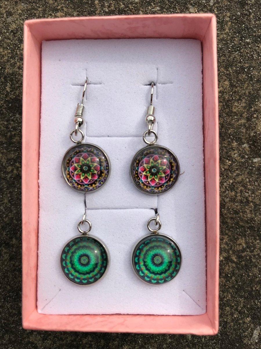 Glass Mosaic Effect Drop Earrings - 2 pairs - Pink & Green