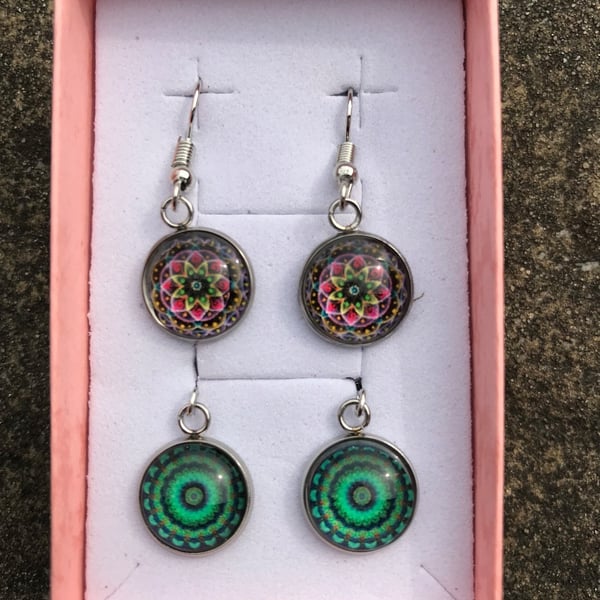 Glass Mosaic Effect Drop Earrings - 2 pairs - Pink & Green