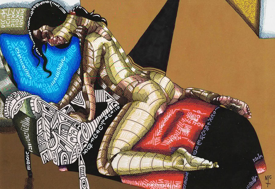 NUDE ON A SURREAL BED SURREAL INK ART HAND MADE ON ART PAPER A4