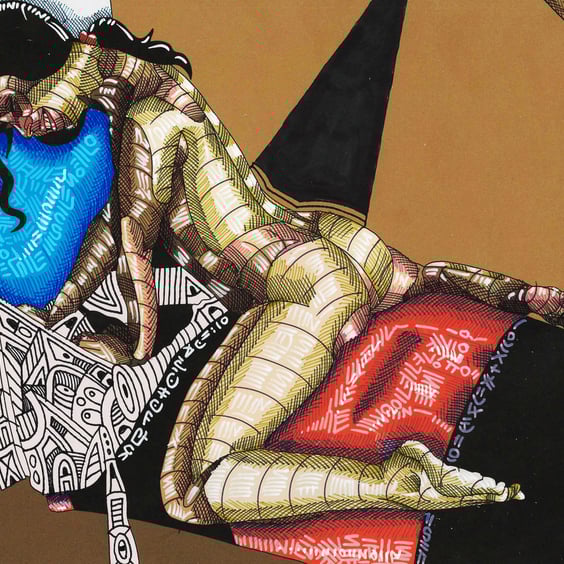 NUDE ON A SURREAL BED SURREAL INK ART HAND MADE ON ART PAPER A4