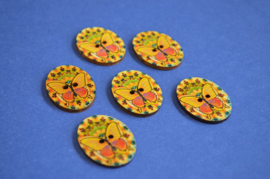 Wooden Oval Butterfly Buttons  Kaleidoscope Yellow Orange 6pk 30x22mm (OB4)