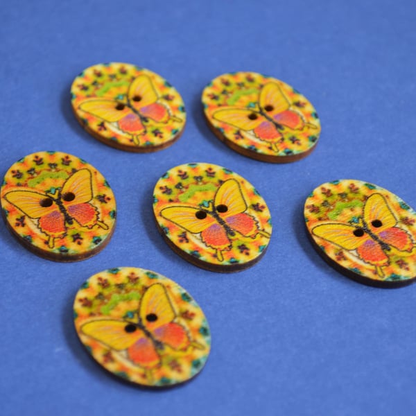Wooden Oval Butterfly Buttons  Kaleidoscope Yellow Orange 6pk 30x22mm (OB4)