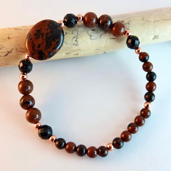 Mahogany Obsidian Bracelet With Faceted Onyx And Copper - Handmade In Devon 