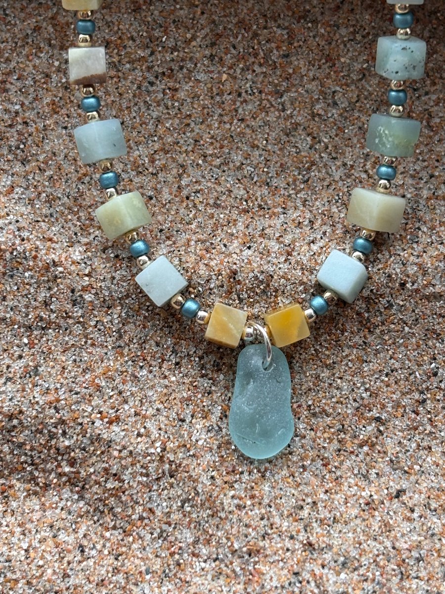 Necklace - Cubed Amazonite with Sea Glass Ref R8