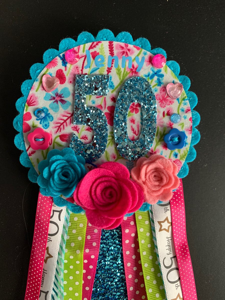 Birthday badge-Rosette Personalised - Pastel flowers - 50th- female