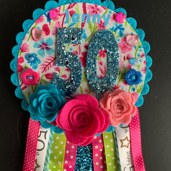 Birthday badge-Rosette Personalised - Pastel flowers - 50th- female