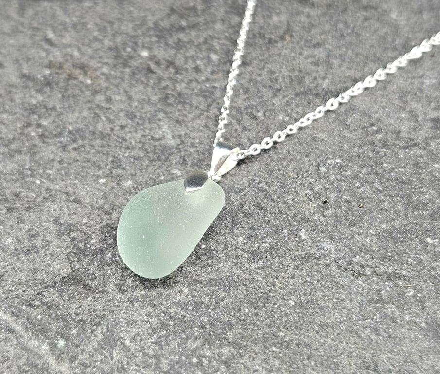 Sterling Silver Pale Aqua Sea Glass Necklace – Genuine Sea Glass Pendant