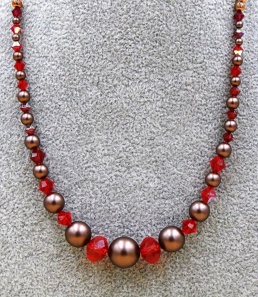 Delicate burgundy pearl and sparkling red crystal necklace   Rose gold chain 