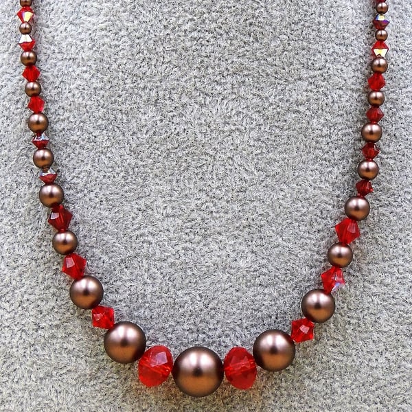 Delicate burgundy pearl and sparkling red crystal necklace   Rose gold chain 