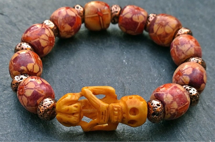 Halloween Skeleton Bracelet, Bone, Wood, Lava Stone. Stretchy Elasticated