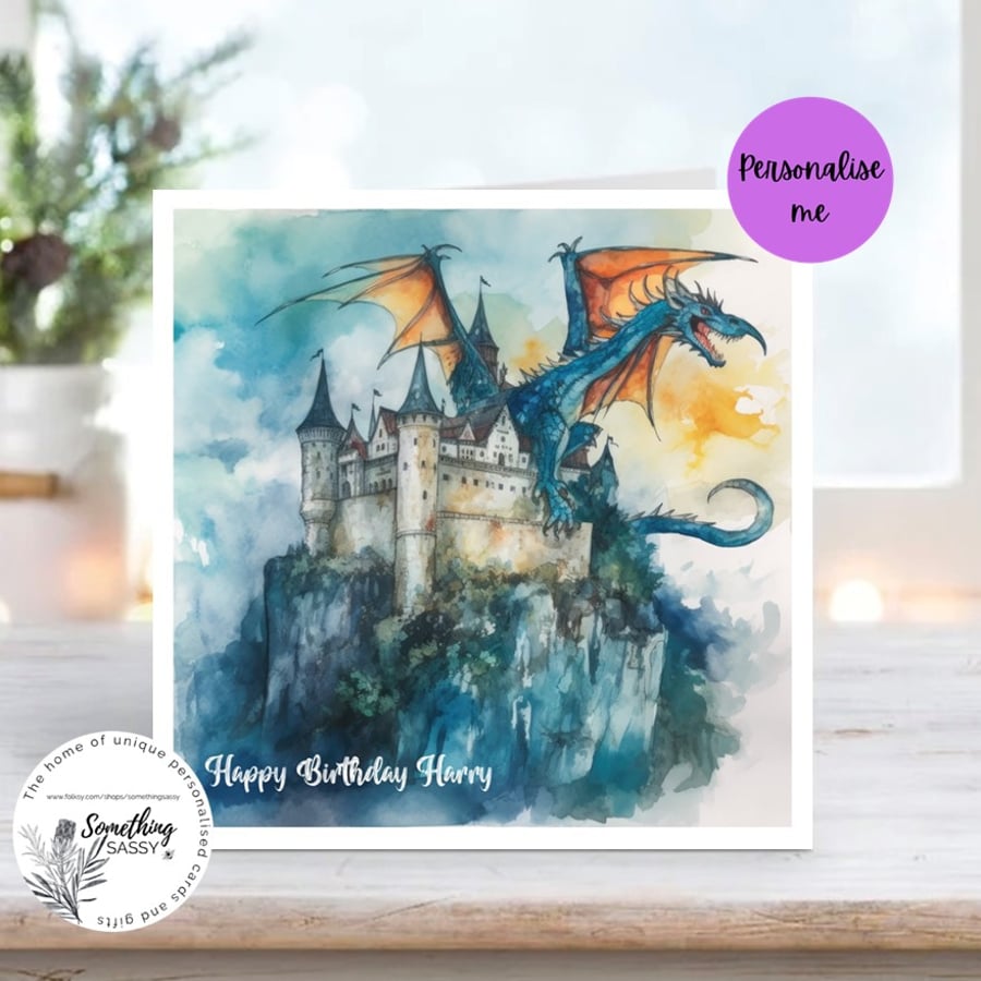 Watercolour Fantasy Dragons and Castles Greetings Card personalised 