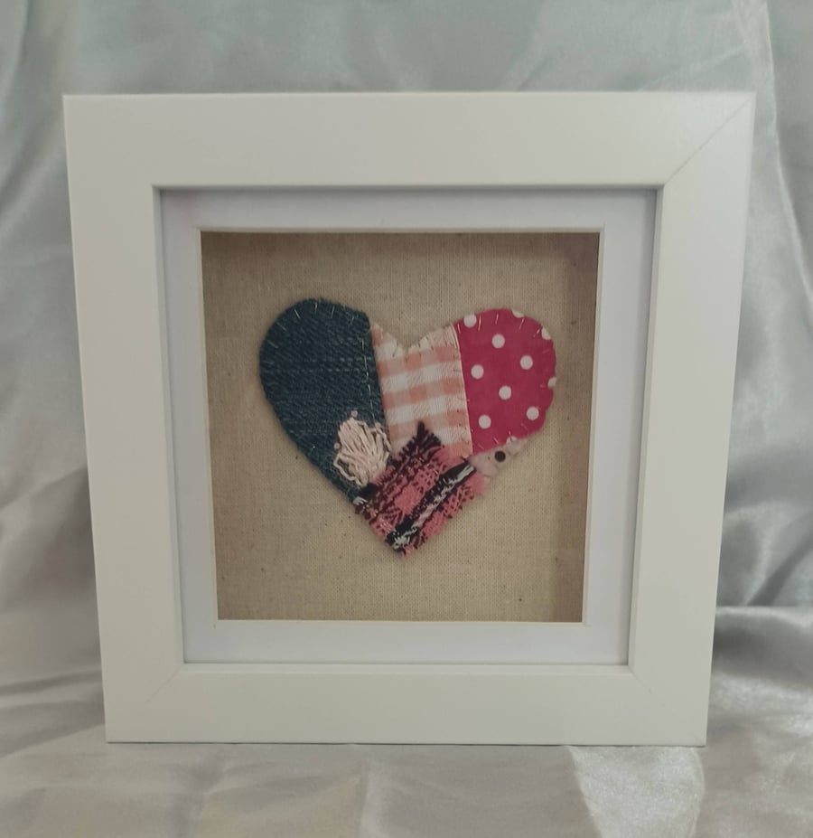 Blue and Pink Patchwork Heart in a White Box Frame