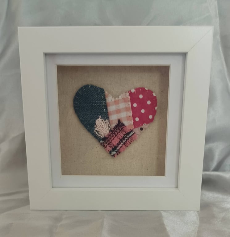Blue and Pink Patchwork Heart in a White Box Frame