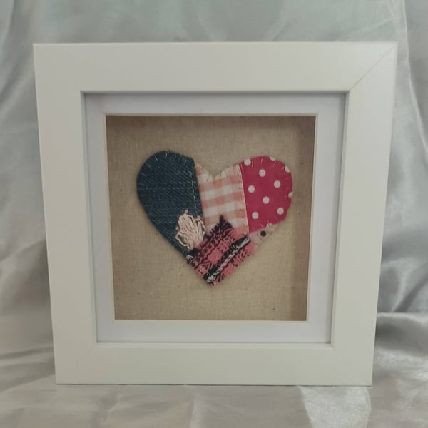 Blue and Pink Patchwork Heart in a White Box Frame