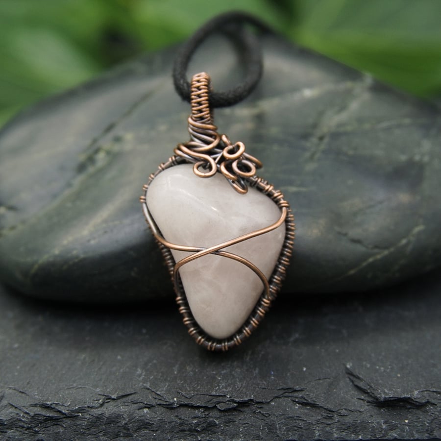 Copper Wire Wrapped Rose Quartz Pendant - Wire Woven Tumble Stone Pendant