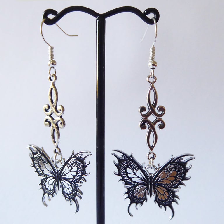 Enamelled Butterfly Snake Earrings & silver plated ear wires