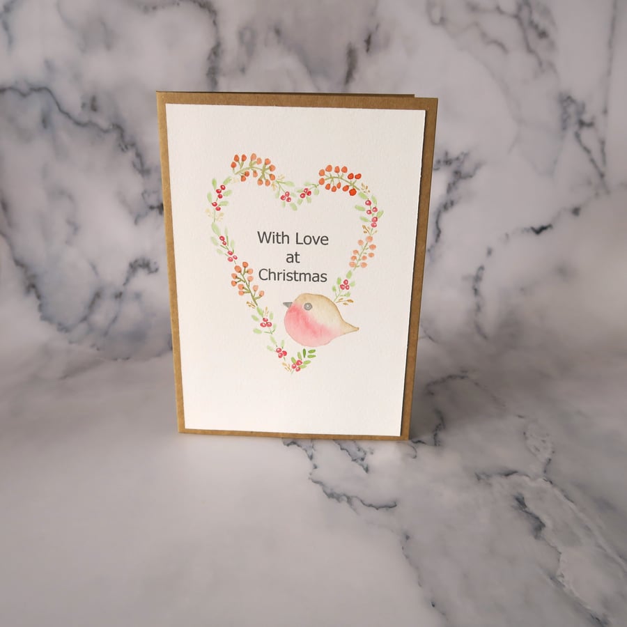 Hand Painted Robin & Heart Wreath Christmas Card