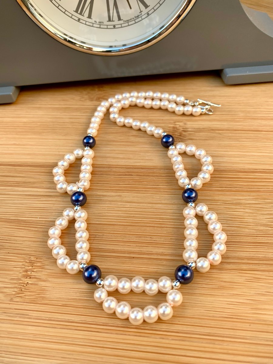 Royal Blue and Ivory Pearl Loops Necklace Vintage Style