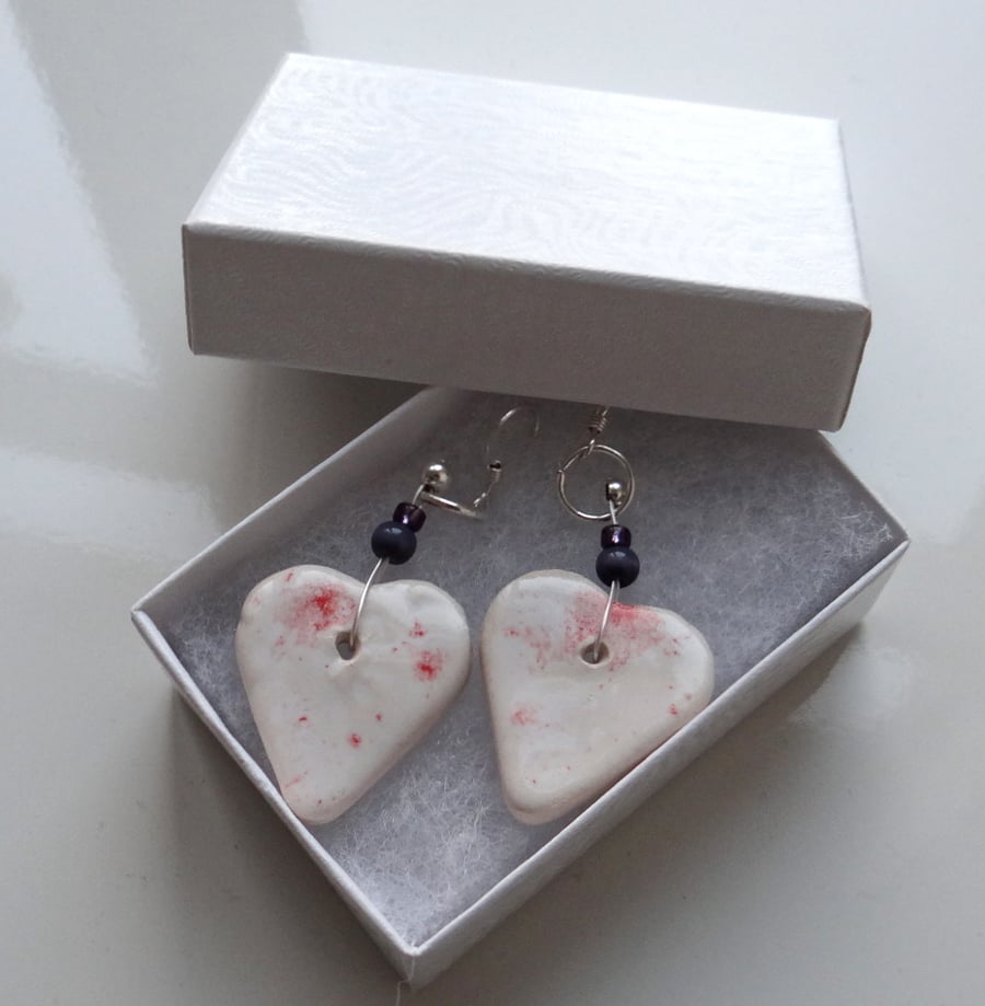 Ceramic heart earrings in cream and cerise - handmade pottery