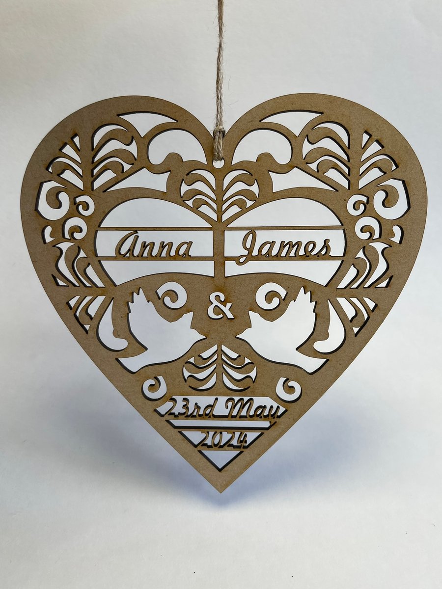 Personalised wooden heart & dove decoration