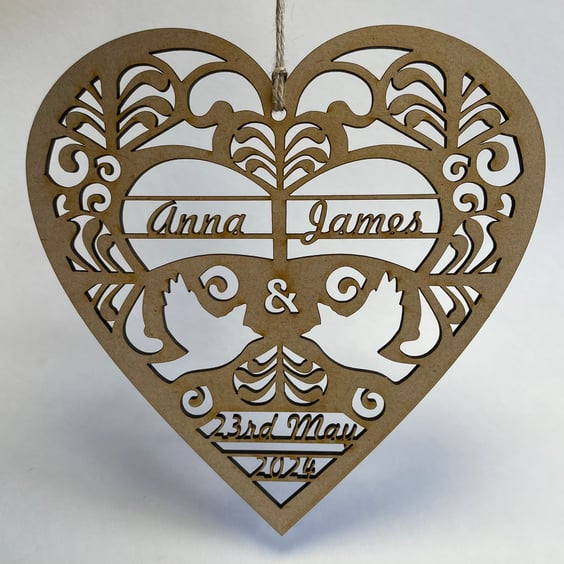 Personalised wooden heart & dove decoration