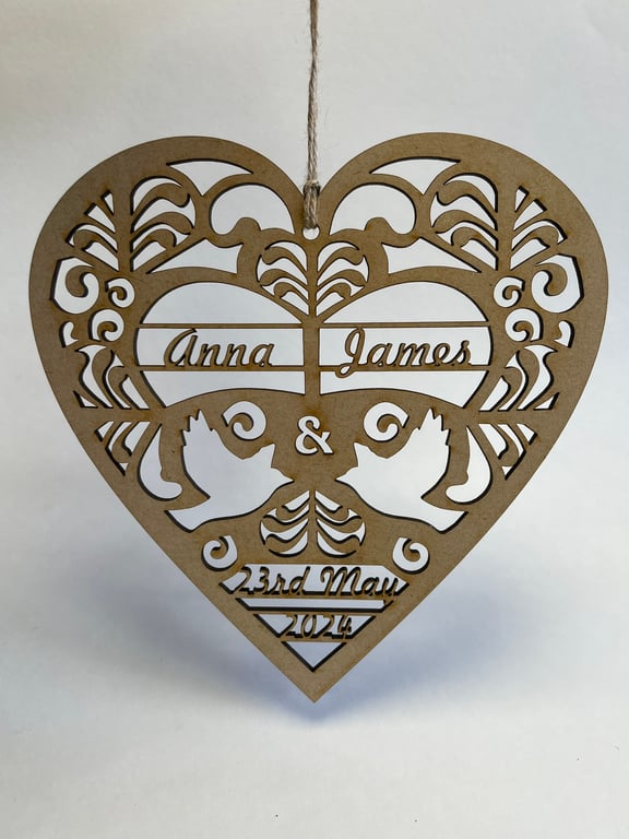 Personalised wooden heart & dove decoration