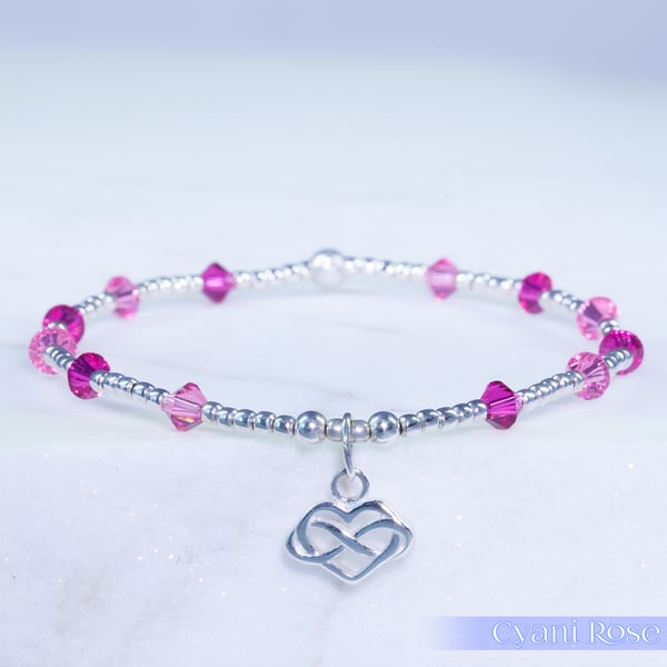 Bracelet dainty sterling silver with pink Swarovski & infinity heart charm