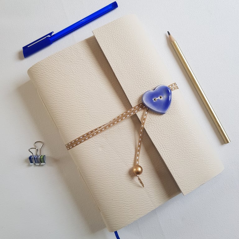 Cream Leather Art Nouveau Journal with Ceramic Heart, valentine gift, A5