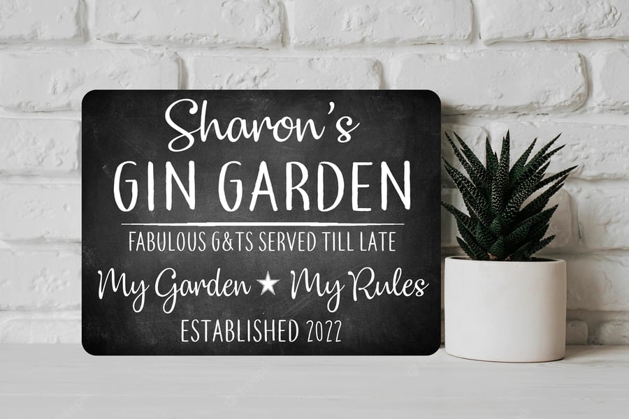PERSONALISED Chalk Style Gin Garden Metal Wall Sign Gift Present Landlord