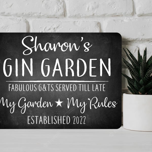 PERSONALISED Chalk Style Gin Garden Metal Wall Sign Gift Present Landlord