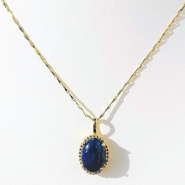 Natural Dark Blue Semi Precious Lapis Lazuli 14x10mm Gold Pendant & Chain