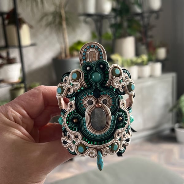 Handmade Soutache Bracelet – One of a Kind Statement Jewelry in Green and Turquo