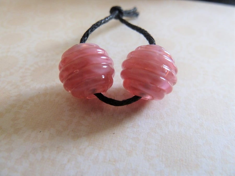 handmade lampwork pink ribbed glass bead pair